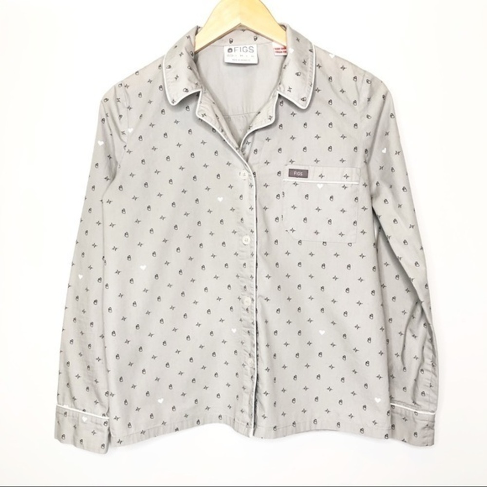Figs Heart and Heartbeat Button Up Scrub Top Light Gray Long Sleeve Size XS